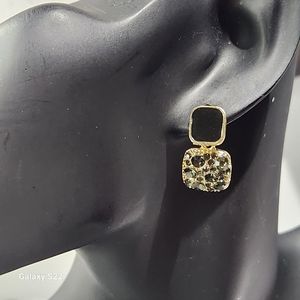 Dramatic Retro Square Black Rhinestone Studs 14K Gold Plated Drop Earrings NWT